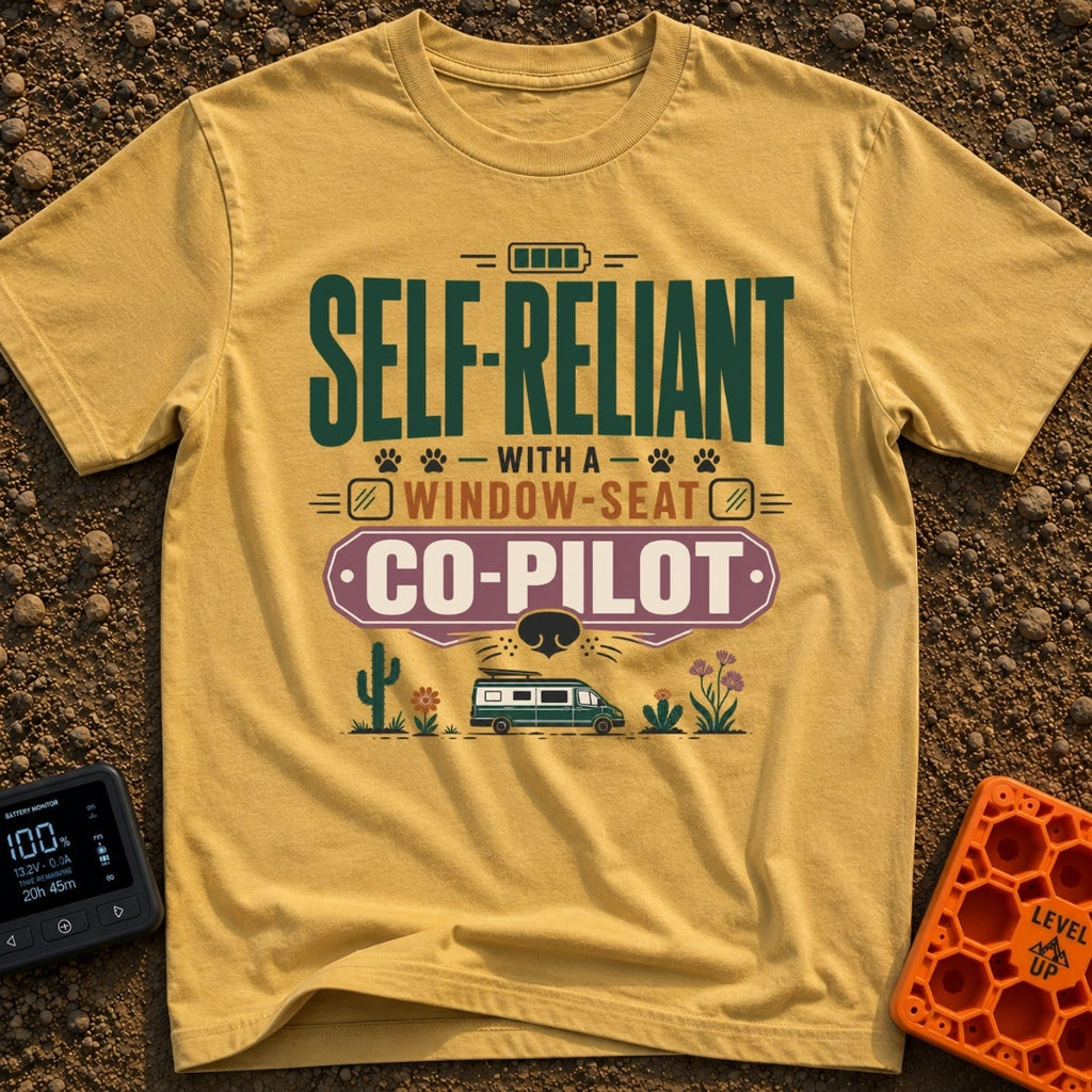 Self Reliant Paw Pilot - T-Shirt in Mustard - A typographic design displaying the phrase "Self-Reliant With A Window-Seat...