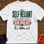 Self Reliant Paw Pilot - T-Shirt in White - A typographic design displaying the phrase "Self-Reliant With A Window-Seat...