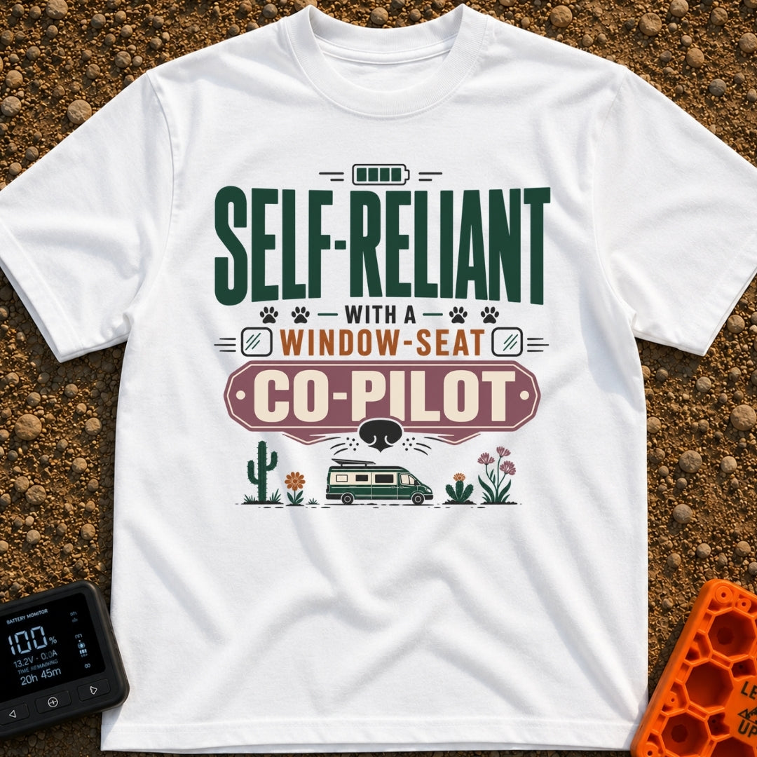 Self Reliant Paw Pilot - T-Shirt in White - A typographic design displaying the phrase "Self-Reliant With A Window-Seat...