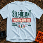 Window Seat Copilot - T-Shirt in Chambray - Typographic design reading 'SELF-RELIANT WITH A WINDOW-SEAT DOG' featuring...