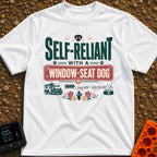 Window Seat Copilot - T-Shirt in White - Typographic design reading 'SELF-RELIANT WITH A WINDOW-SEAT DOG' featuring...