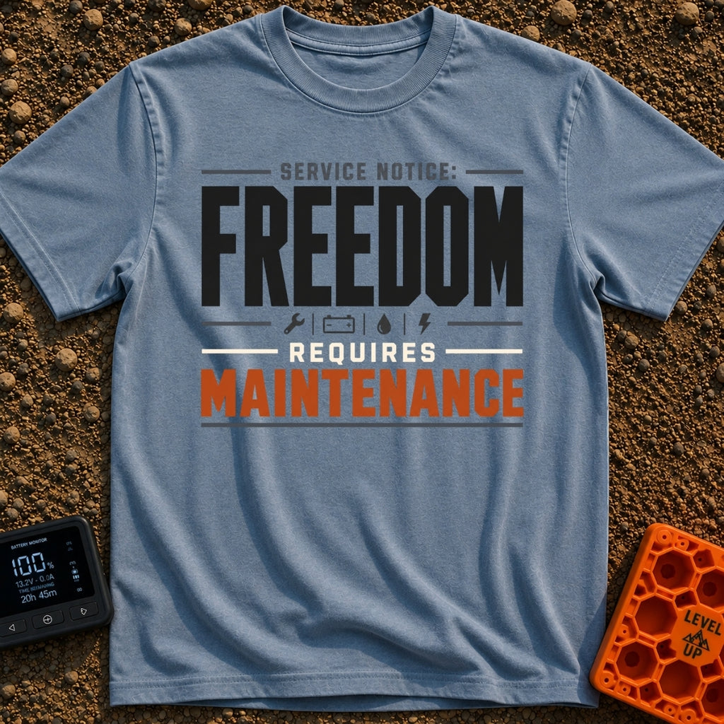 Freedom Requires Maintenance - T-Shirt in Blue Jean - Text-based design reading "SERVICE NOTICE: FREEDOM REQUIRES...