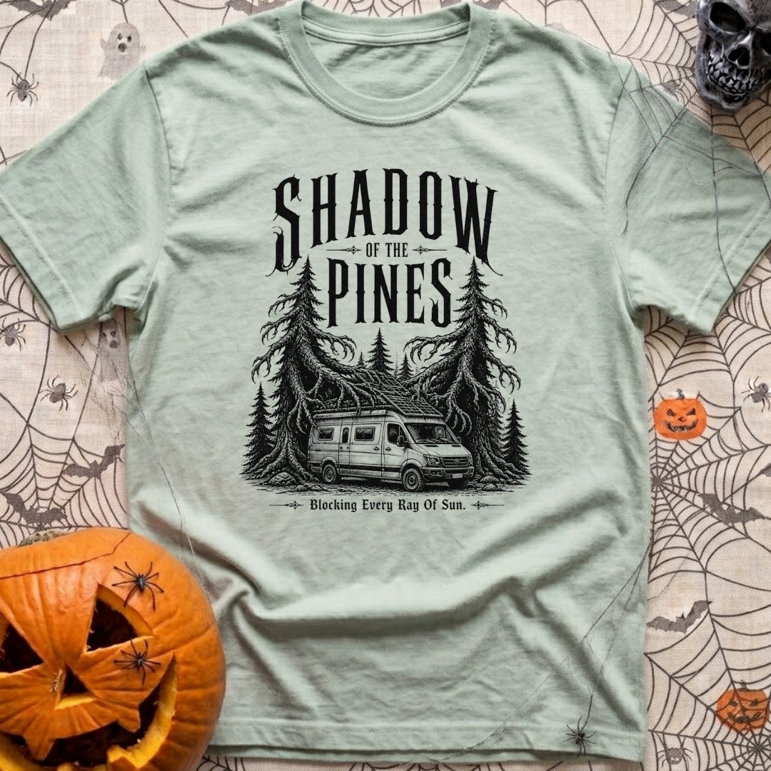 In The Pines - T-Shirt in Bay - A black and white illustration of a camper van with a large roof-mounted solar array...