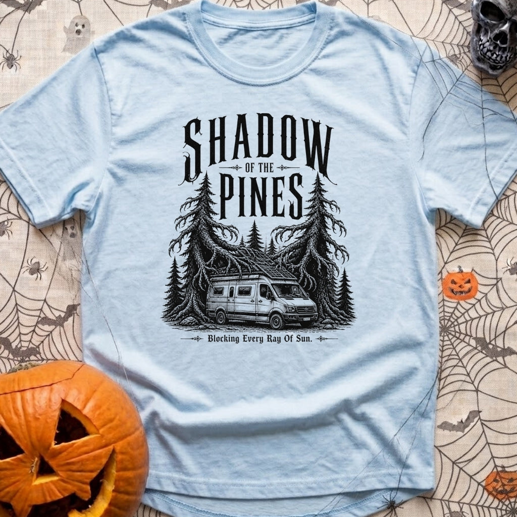 In The Pines - T-Shirt in Chambray - A black and white illustration of a camper van with a large roof-mounted solar array...