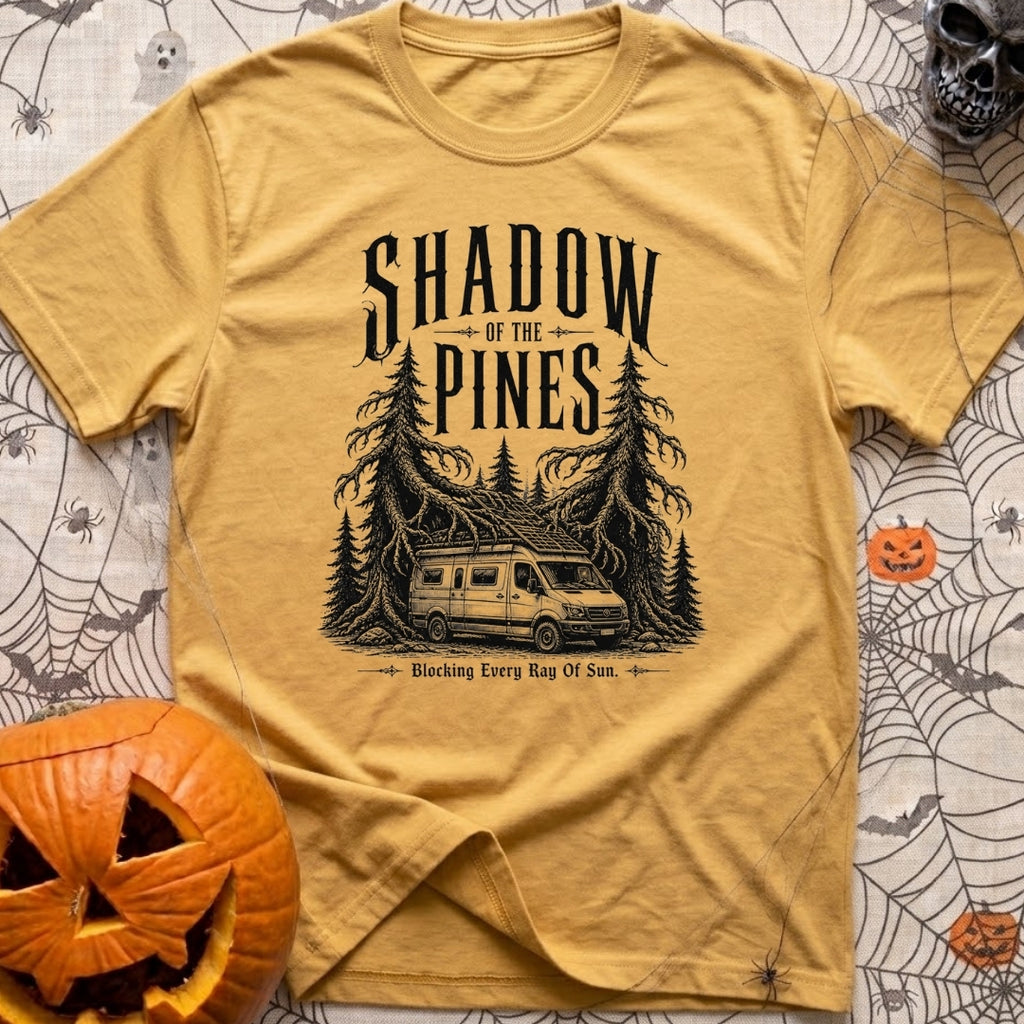 In The Pines - T-Shirt in Mustard - A black and white illustration of a camper van with a large roof-mounted solar array...