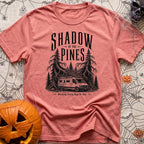In The Pines - T-Shirt in Watermelon - A black and white illustration of a camper van with a large roof-mounted solar...
