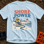 Shore Beats Working - T-Shirt in Chambray - A cartoon electrical plug wearing sunglasses relaxes in a beach chair on the...