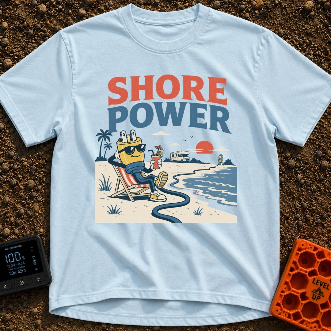 Shore Beats Working - T-Shirt in Chambray - A cartoon electrical plug wearing sunglasses relaxes in a beach chair on the...