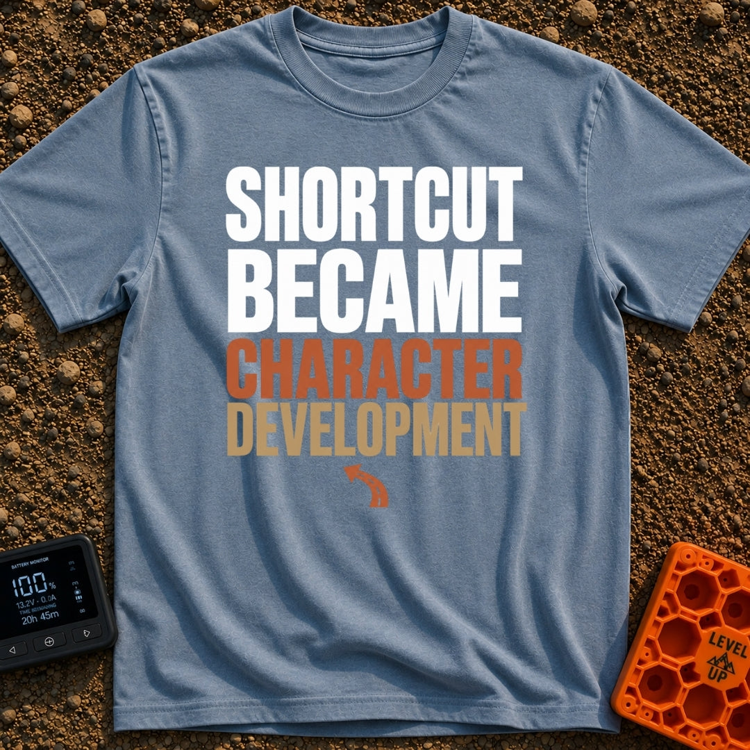 Shortcut to Growth - T-Shirt in Blue Jean - A text-based design featuring the phrase 'SHORTCUT BECAME' in faint white...