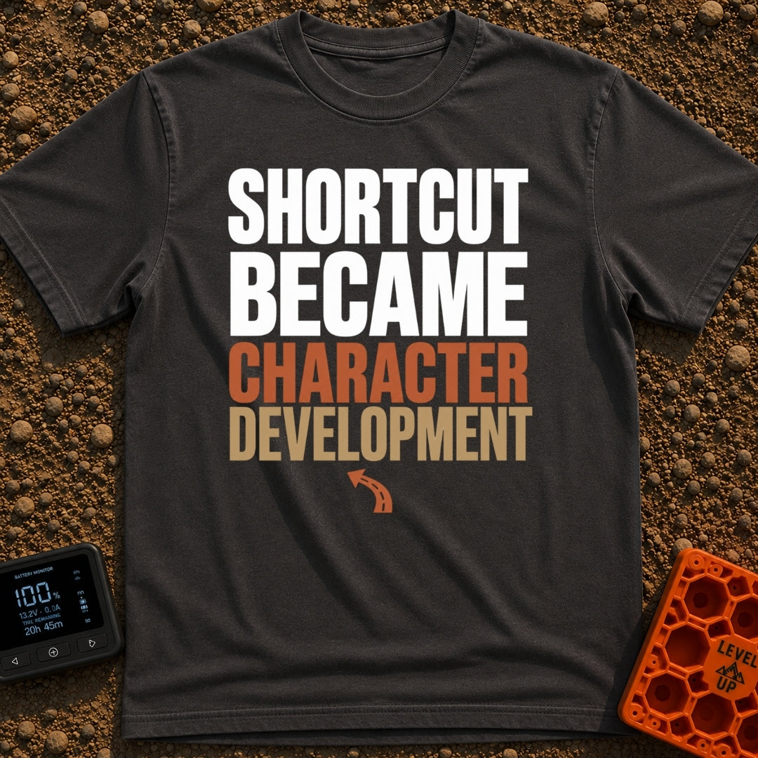 Shortcut to Growth - T-Shirt in Graphite - A text-based design featuring the phrase 'SHORTCUT BECAME' in faint white...