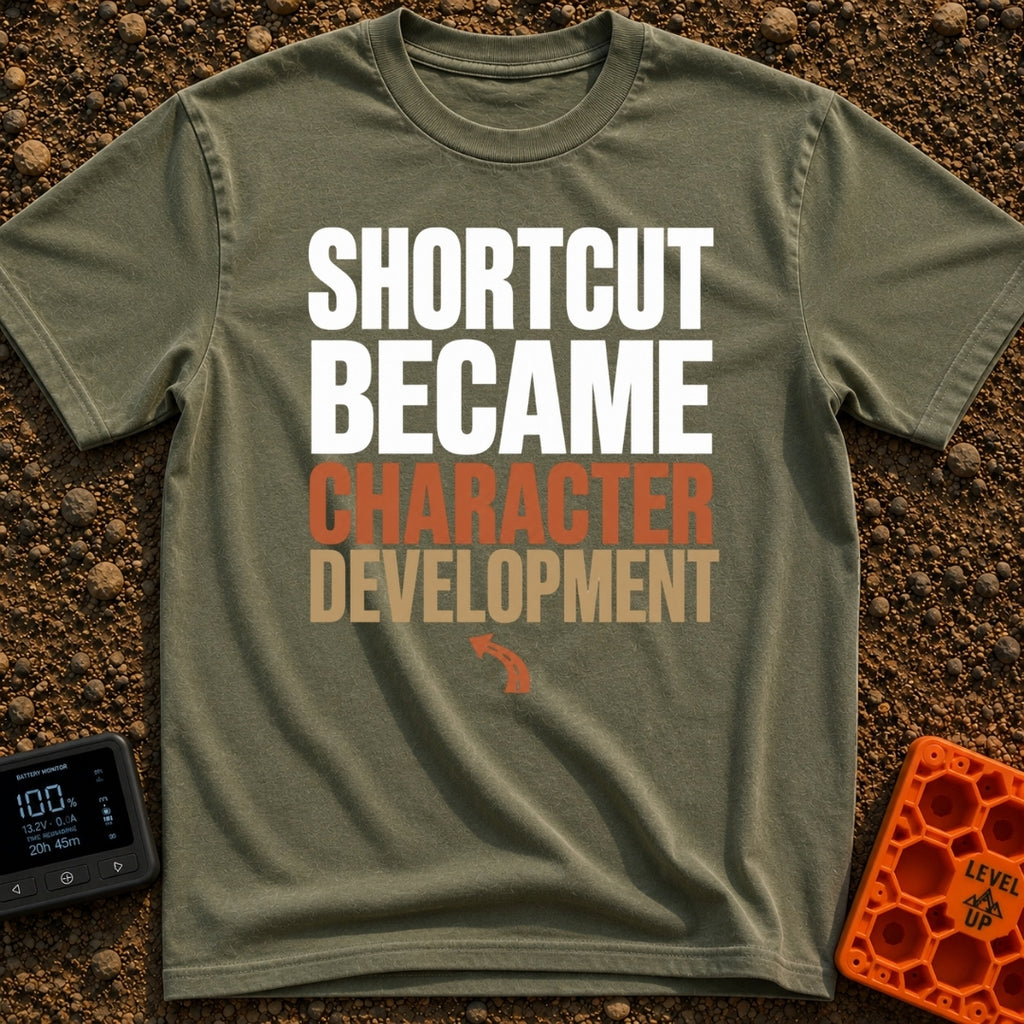 Shortcut to Growth - T-Shirt in Moss - A text-based design featuring the phrase 'SHORTCUT BECAME' in faint white...