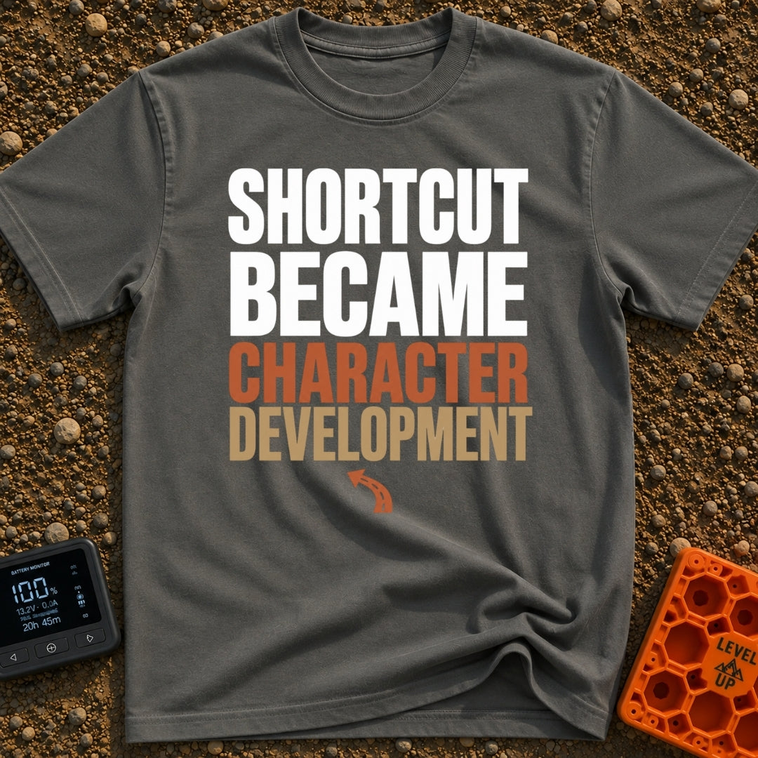 Shortcut to Growth - T-Shirt in Pepper - A text-based design featuring the phrase 'SHORTCUT BECAME' in faint white...