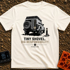 Dig Tiny Adventures - T-Shirt in Ivory - A rear-view illustration of a rugged 4x4 off-road vehicle parked near a mountain...