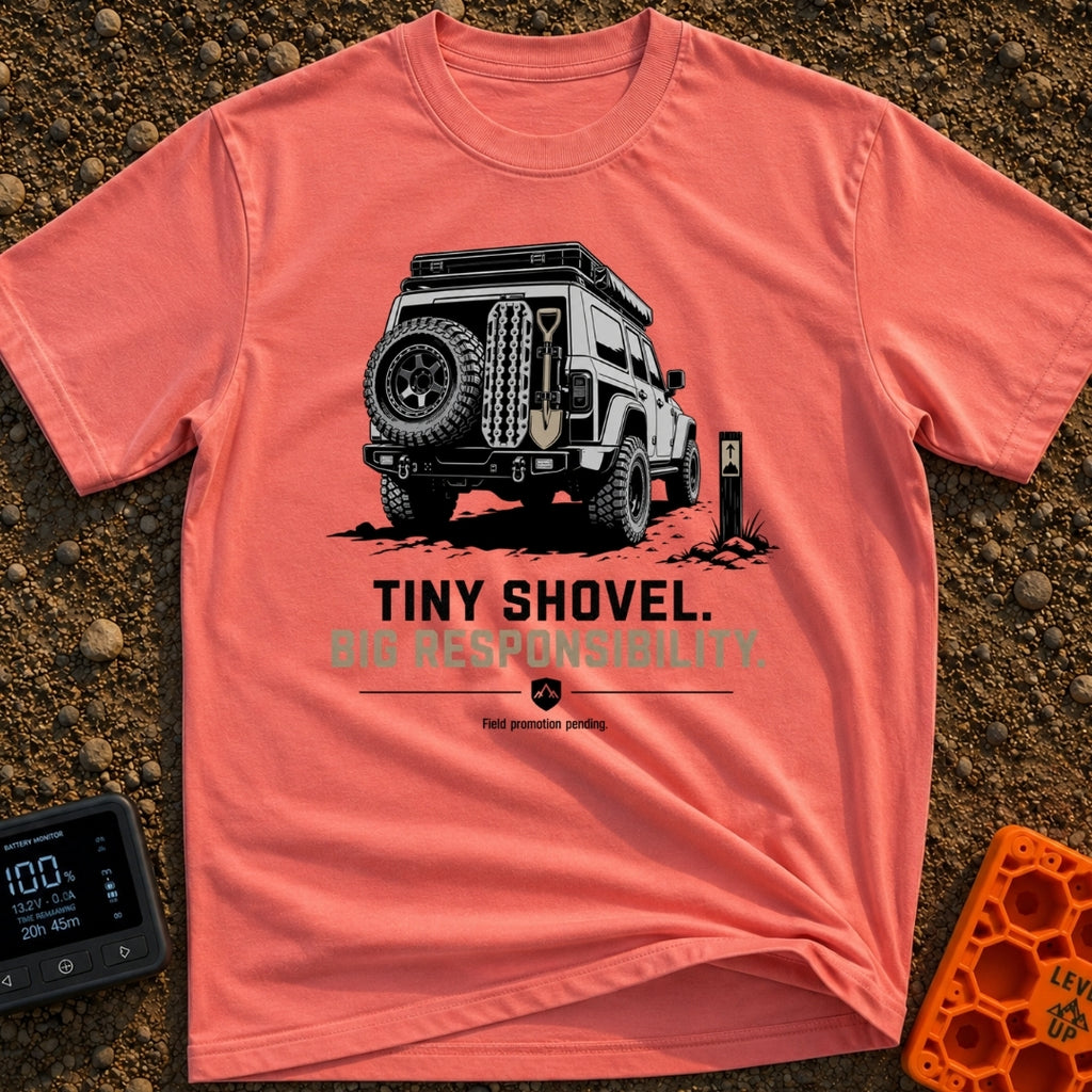 Dig Tiny Adventures - T-Shirt in Watermelon - A rear-view illustration of a rugged 4x4 off-road vehicle parked near a...