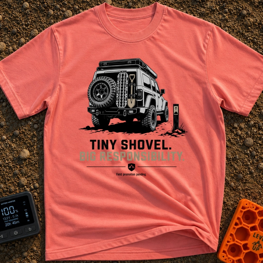 Dig Tiny Adventures - T-Shirt in Watermelon - A rear-view illustration of a rugged 4x4 off-road vehicle parked near a...