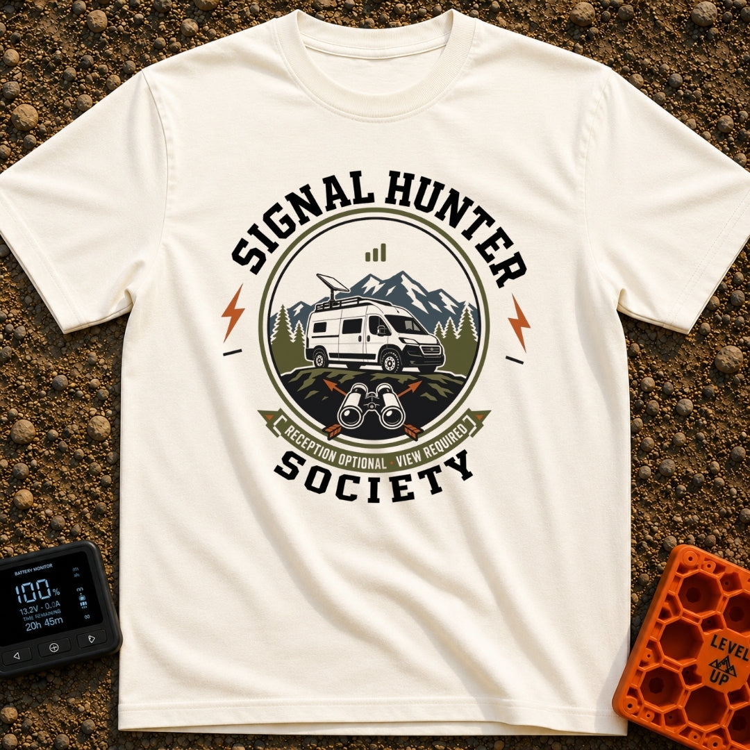 Views Over Bars - T-Shirt in Ivory - A circular badge illustration showing a white camper van equipped with a...