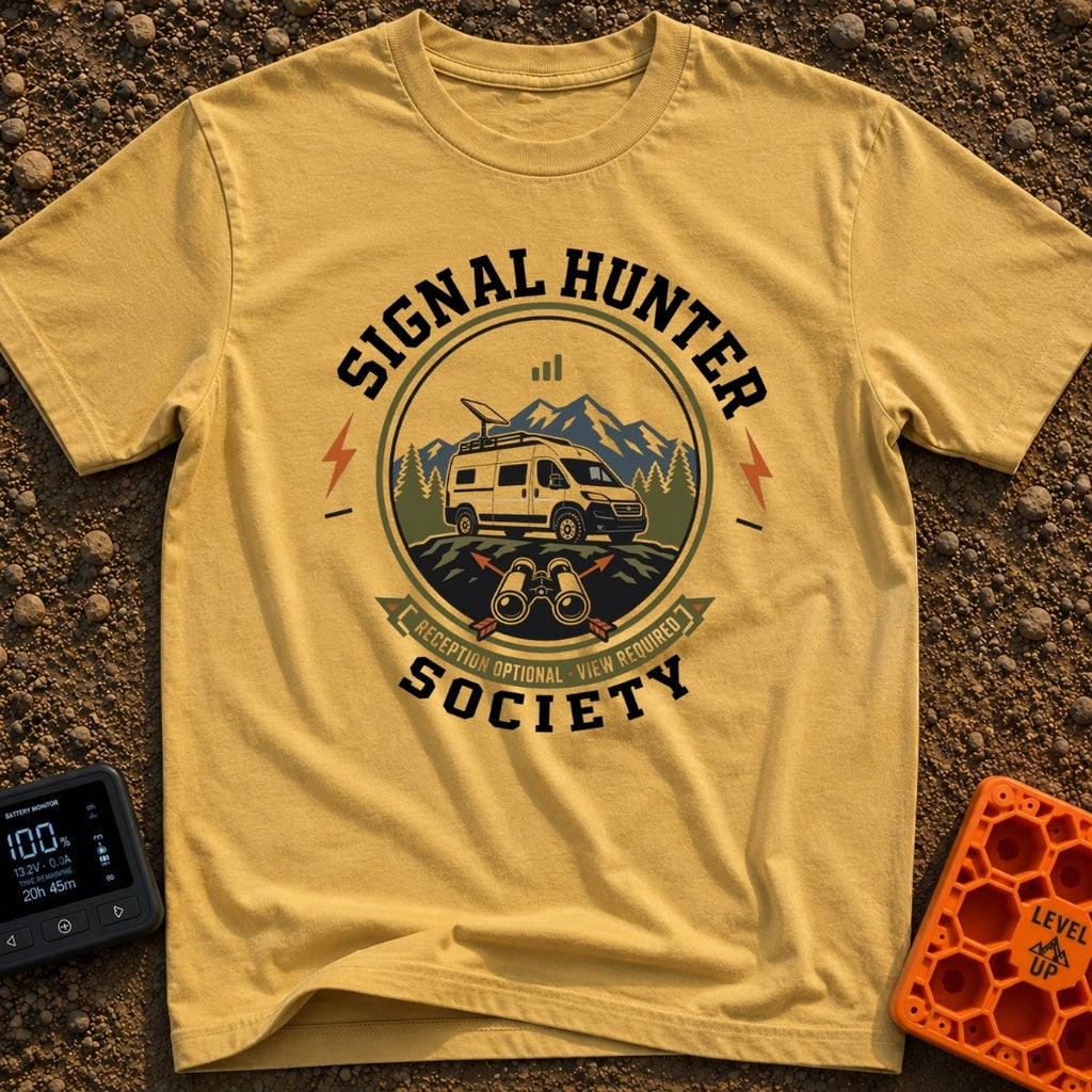 Views Over Bars - T-Shirt in Mustard - A circular badge illustration showing a white camper van equipped with a...