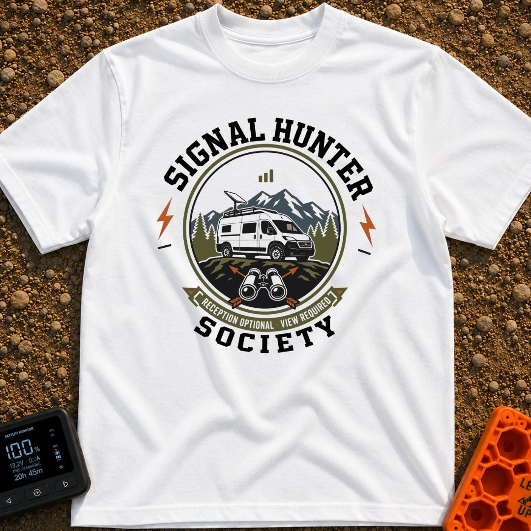 Views Over Bars - T-Shirt in White - A circular badge illustration showing a white camper van equipped with a...