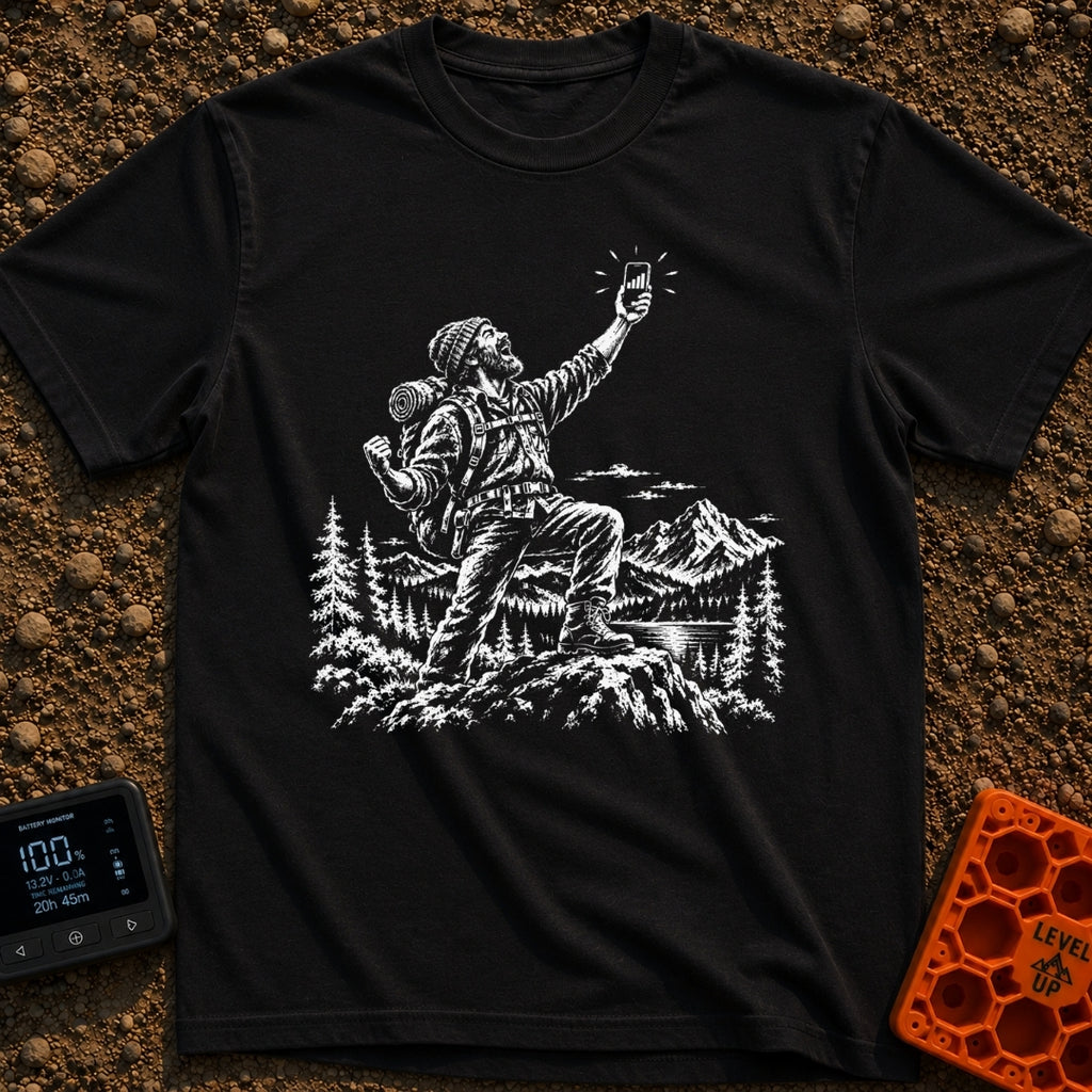 In Bars We Trust - T-Shirt in Black - A white line drawing of a bearded hiker with a backpack standing in a mountainous...