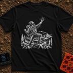 In Bars We Trust - T-Shirt in Black - A white line drawing of a bearded hiker with a backpack standing in a mountainous...