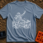 In Bars We Trust - T-Shirt in Blue Jean - A white line drawing of a bearded hiker with a backpack standing in a...