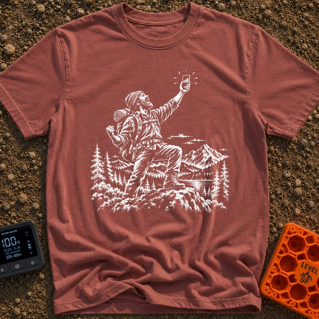 In Bars We Trust - T-Shirt in Brick - A white line drawing of a bearded hiker with a backpack standing in a mountainous...