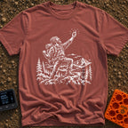 In Bars We Trust - T-Shirt in Brick - A white line drawing of a bearded hiker with a backpack standing in a mountainous...