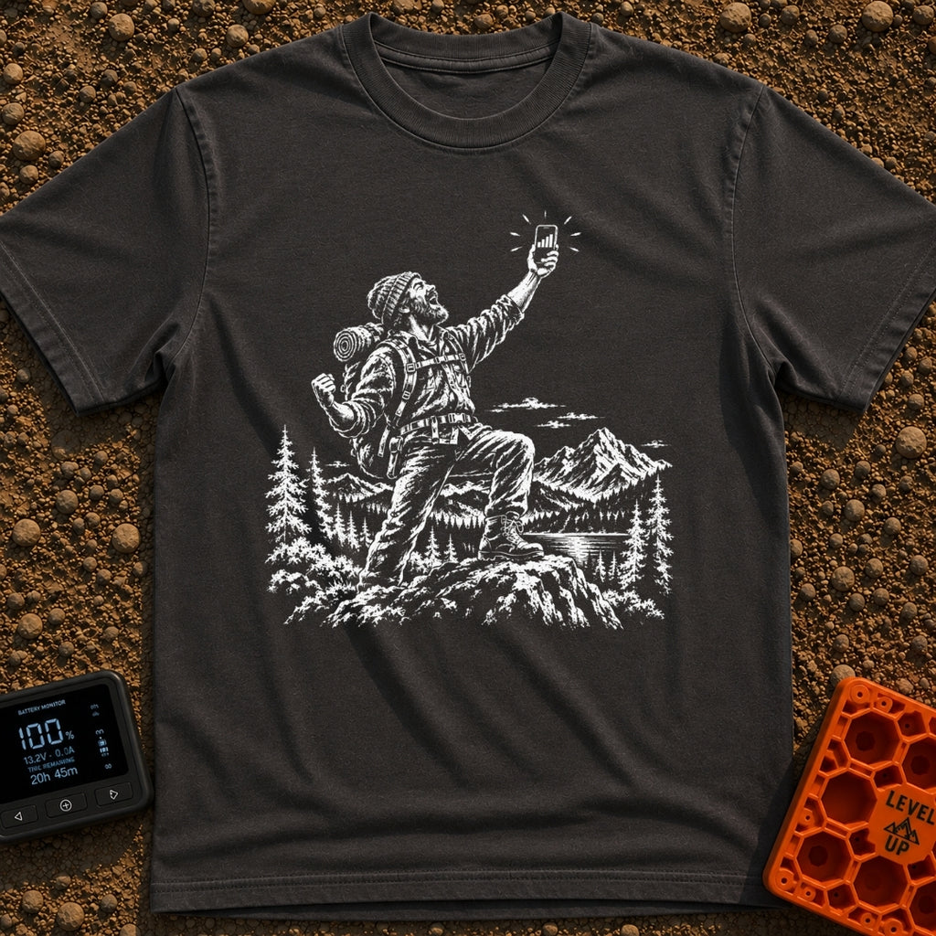 In Bars We Trust - T-Shirt in Graphite - A white line drawing of a bearded hiker with a backpack standing in a...