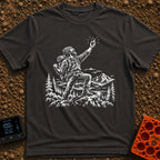 In Bars We Trust - T-Shirt in Graphite - A white line drawing of a bearded hiker with a backpack standing in a...