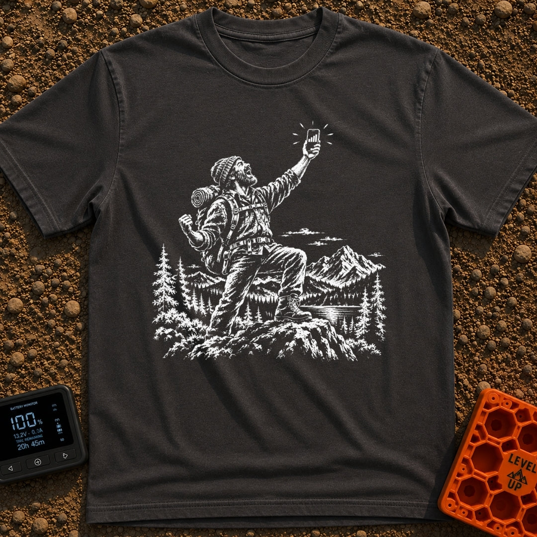 In Bars We Trust - T-Shirt in Graphite - A white line drawing of a bearded hiker with a backpack standing in a...
