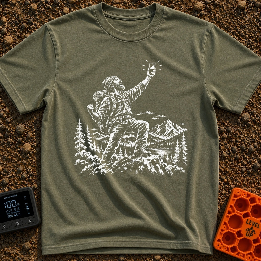 In Bars We Trust - T-Shirt in Moss - A white line drawing of a bearded hiker with a backpack standing in a mountainous...