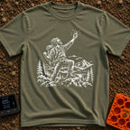 In Bars We Trust - T-Shirt in Moss - A white line drawing of a bearded hiker with a backpack standing in a mountainous...