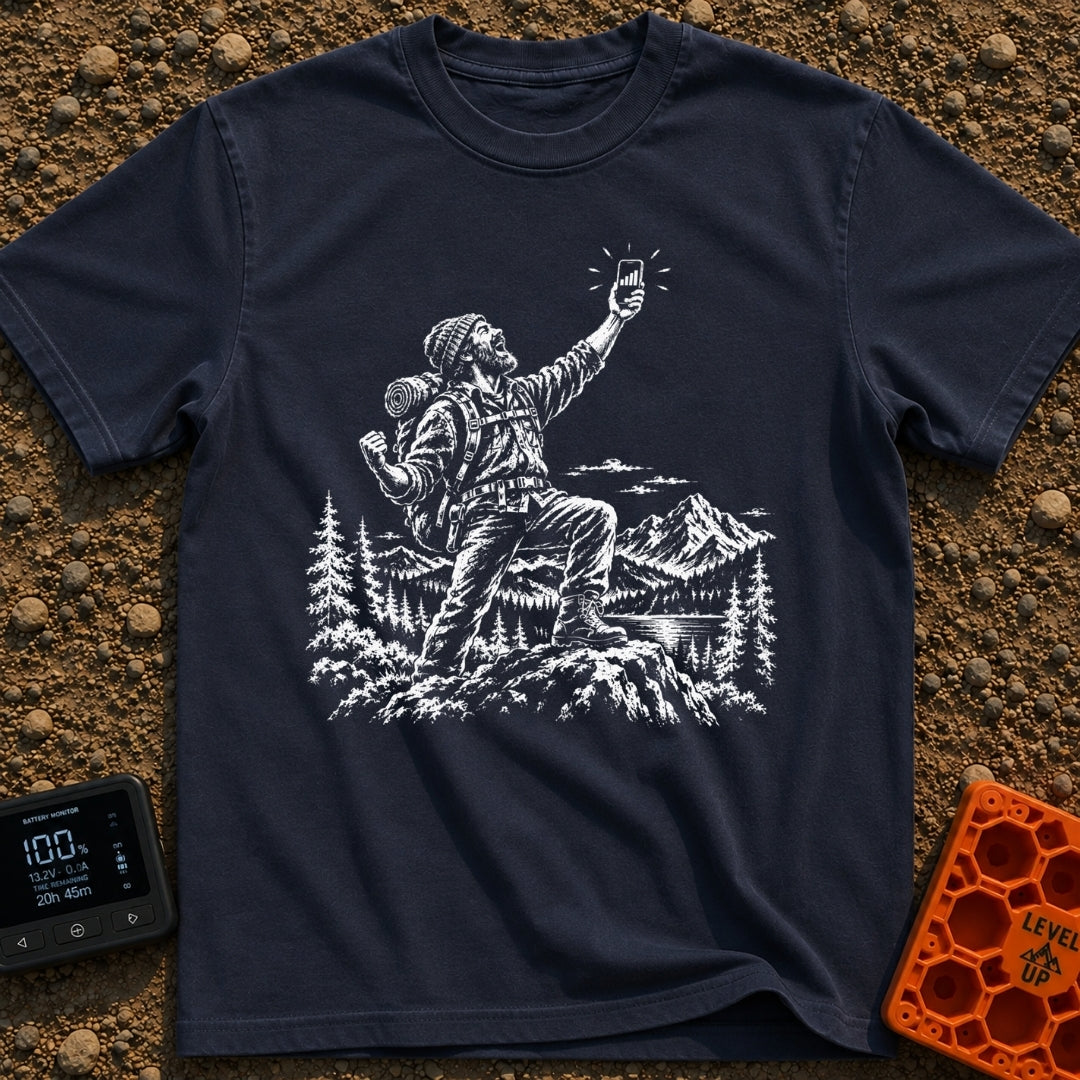 In Bars We Trust - T-Shirt in Navy - A white line drawing of a bearded hiker with a backpack standing in a mountainous...