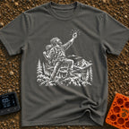 In Bars We Trust - T-Shirt in Pepper - A white line drawing of a bearded hiker with a backpack standing in a mountainous...