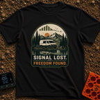 Lost Signal Found Freedom - T-Shirt in Black - A white camper van equipped with roof-mounted solar panels and a bicycle...