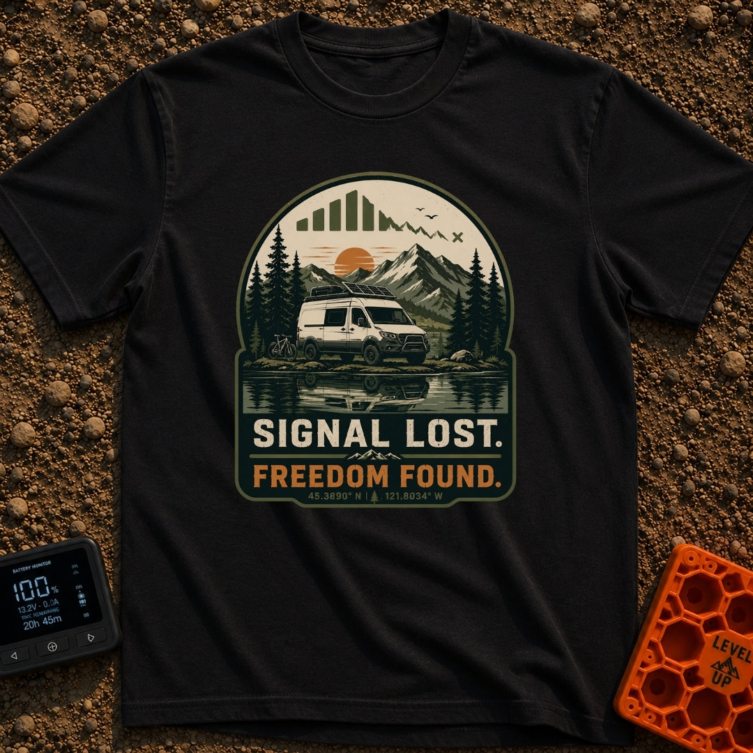 Lost Signal Found Freedom - T-Shirt in Black - A white camper van equipped with roof-mounted solar panels and a bicycle...