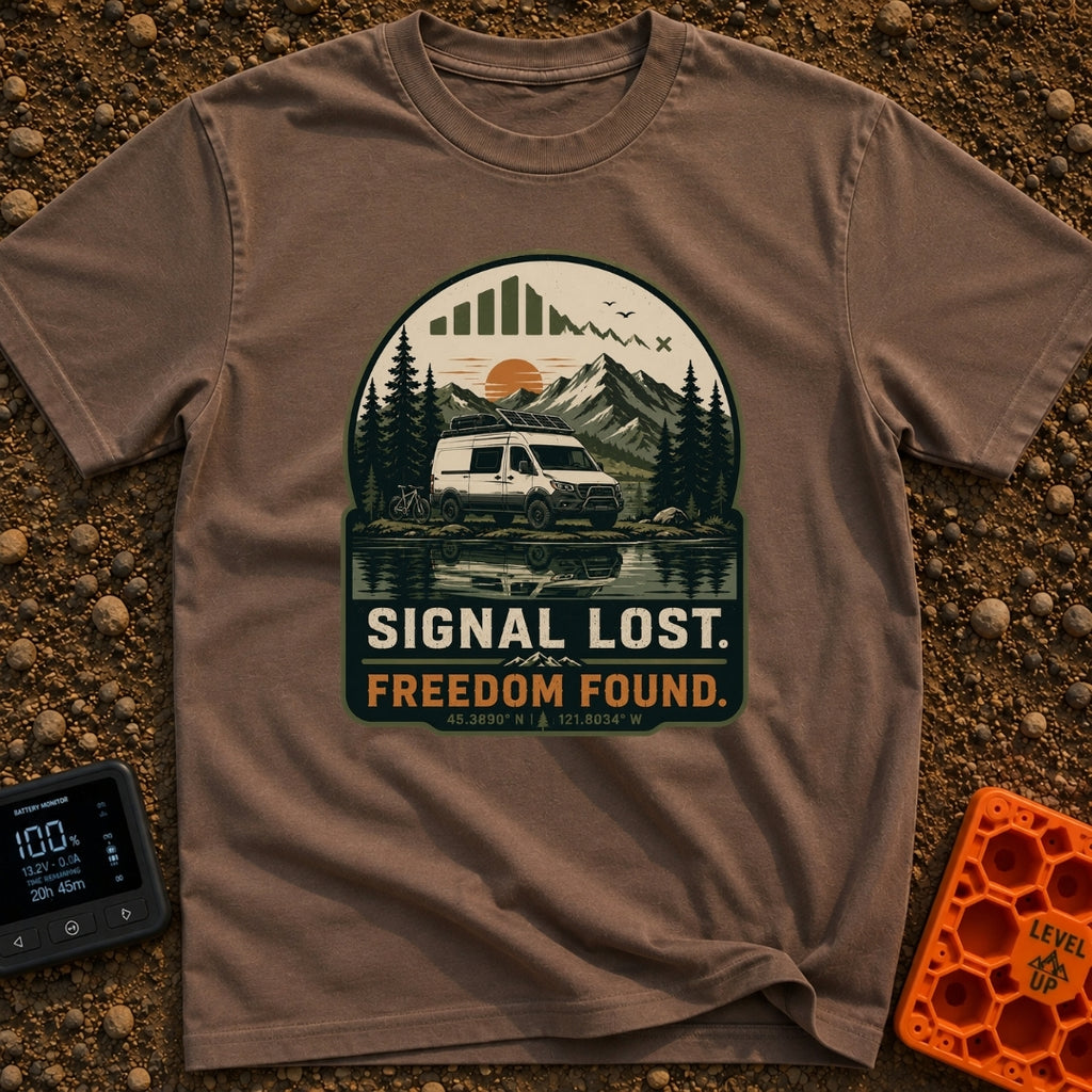 Lost Signal Found Freedom - T-Shirt in Espresso - A white camper van equipped with roof-mounted solar panels and a...