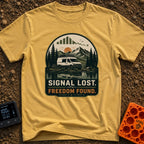 Lost Signal Found Freedom - T-Shirt in Mustard - A white camper van equipped with roof-mounted solar panels and a bicycle...