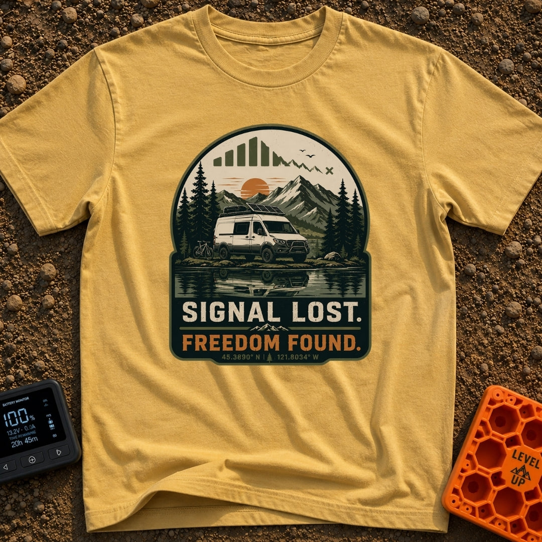 Lost Signal Found Freedom - T-Shirt in Mustard - A white camper van equipped with roof-mounted solar panels and a bicycle...