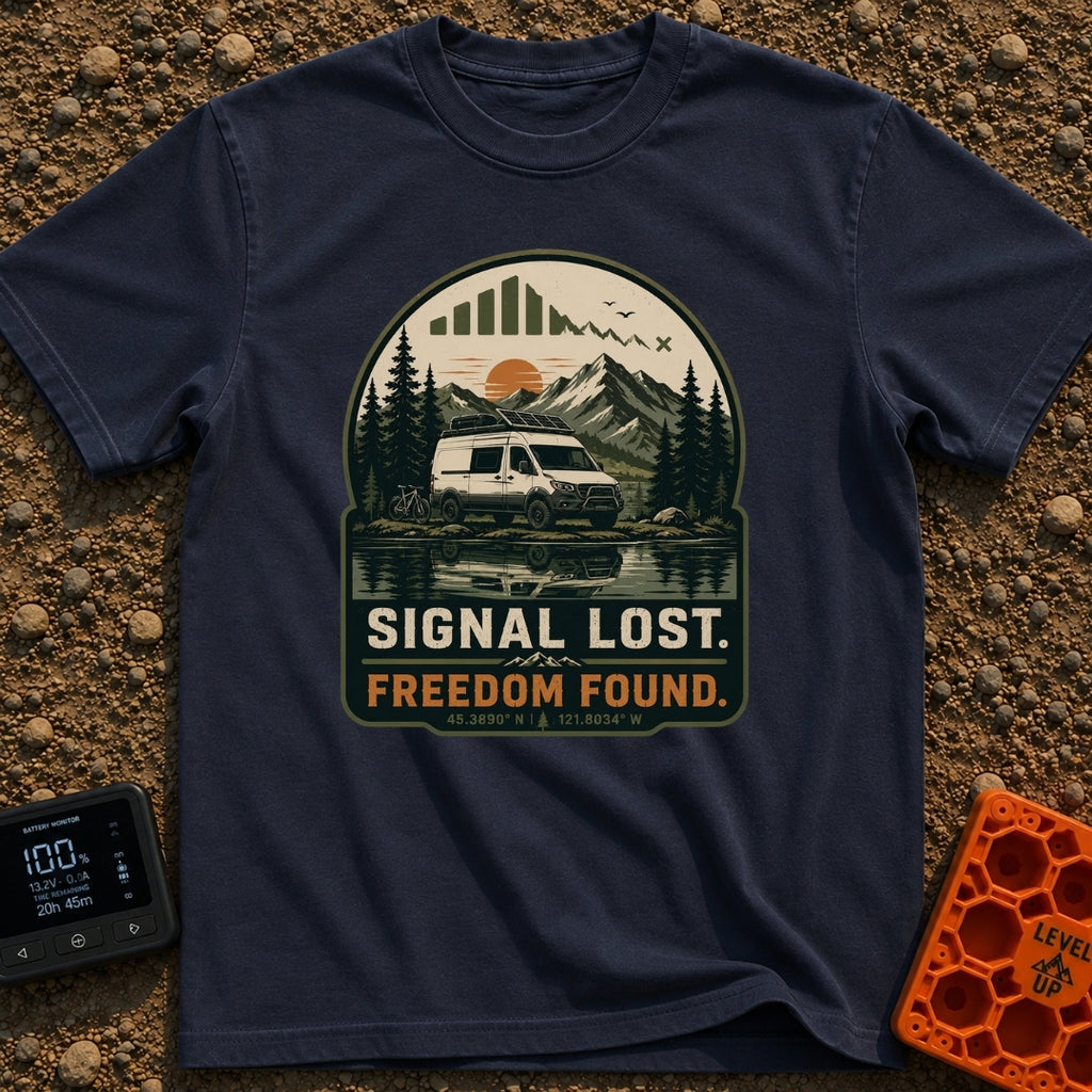 Lost Signal Found Freedom - T-Shirt in Navy - A white camper van equipped with roof-mounted solar panels and a bicycle is...