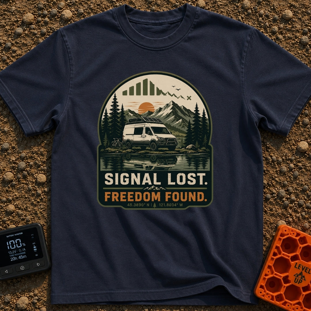 Lost Signal Found Freedom - T-Shirt in Navy - A white camper van equipped with roof-mounted solar panels and a bicycle is...
