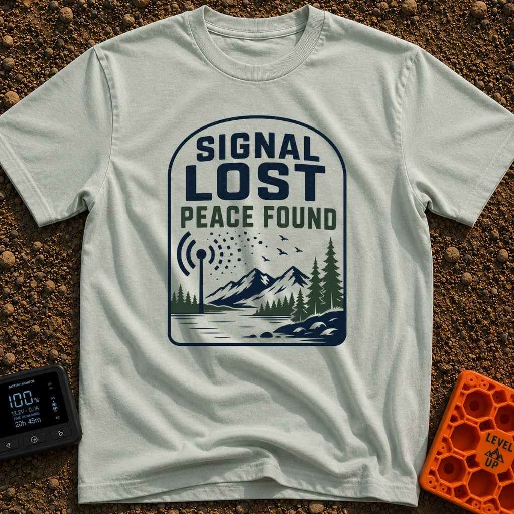 Lost Bars Found Peace - T-Shirt in Bay - A badge design featuring a cell tower with signal waves that dissolve into small...