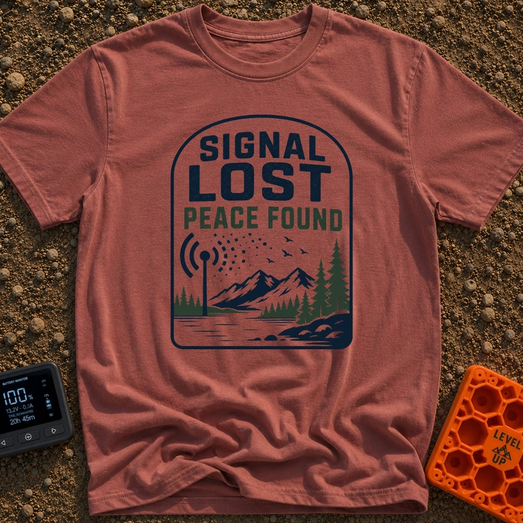 Lost Bars Found Peace - T-Shirt in Brick - A badge design featuring a cell tower with signal waves that dissolve into...
