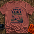 Lost Bars Found Peace - T-Shirt in Brick - A badge design featuring a cell tower with signal waves that dissolve into...