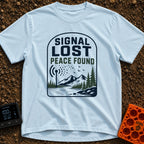 Lost Bars Found Peace - T-Shirt in Chambray - A badge design featuring a cell tower with signal waves that dissolve into...
