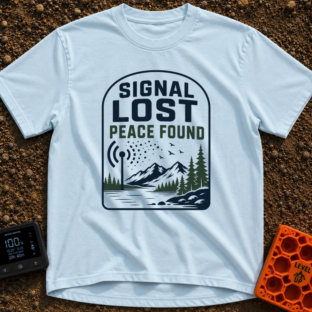 Lost Bars Found Peace - T-Shirt in Chambray - A badge design featuring a cell tower with signal waves that dissolve into...