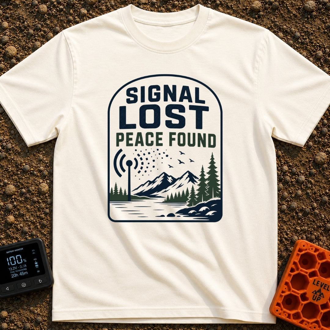 Lost Bars Found Peace - T-Shirt in Ivory - A badge design featuring a cell tower with signal waves that dissolve into...