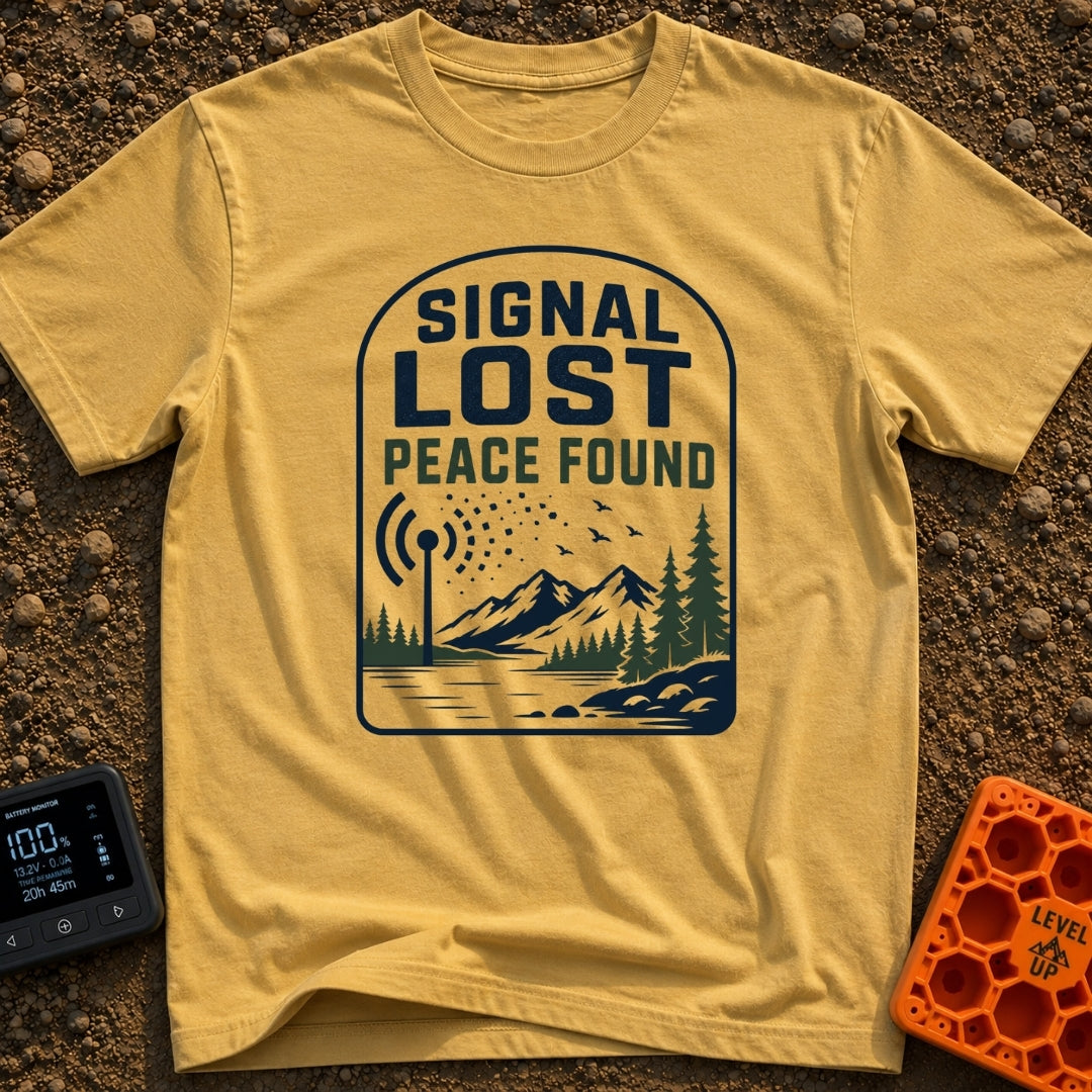 Lost Bars Found Peace - T-Shirt in Mustard - A badge design featuring a cell tower with signal waves that dissolve into...