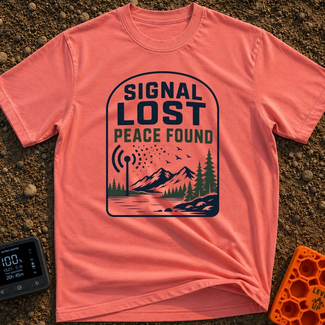 Lost Bars Found Peace - T-Shirt in Watermelon - A badge design featuring a cell tower with signal waves that dissolve...