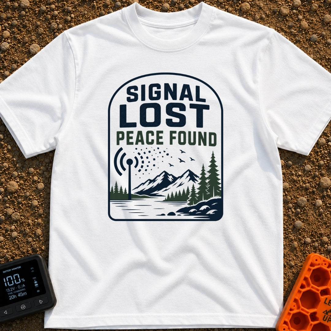 Lost Bars Found Peace - T-Shirt in White - A badge design featuring a cell tower with signal waves that dissolve into...